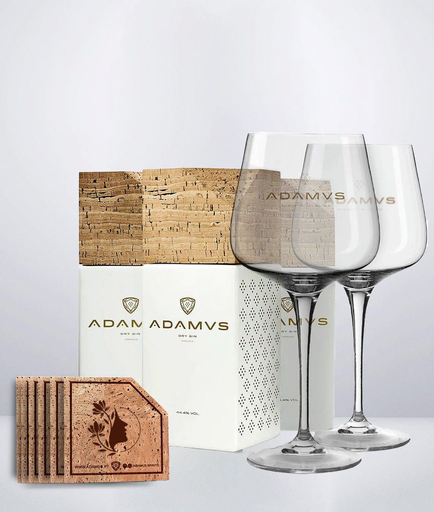 Pack of 3 Adamus Organic Dry Gin + 2  Glasses + 6 Personalized Coasters